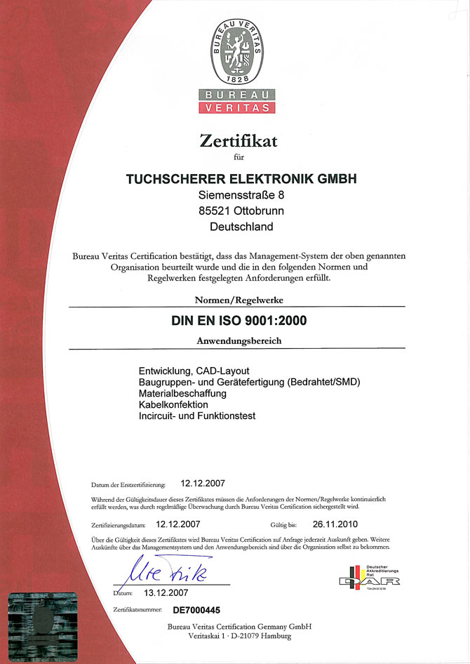 BUREAU-VERITAS-Zertifikat für TUCHSCHERER ELEKTRONIK GMBH
